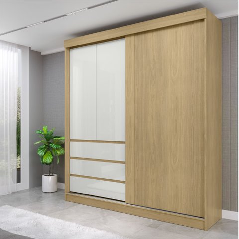 Guarda-Roupa Casal Bagda 100% MDF 3 Portas 3 Gavetas Castanho/Off White Bege