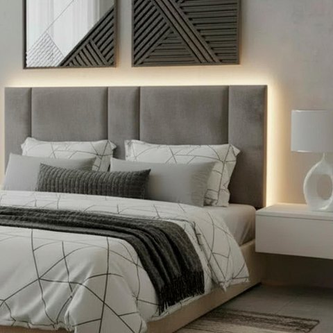 Cabeceira Queen Estofada com LED Suede Cinza Fixação na Parede MDF Vns Concept