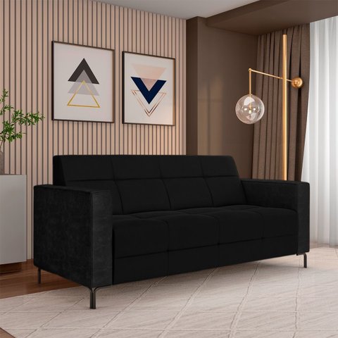 Sofá Living Decorativo Houston 2 Lugares 200cm Pés em Metal Veludo/ Pu Bege/ Preto G33 - Gran Belo