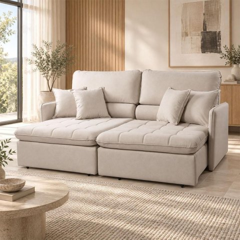Sofá com Chaise Naína K01 3 Lugares Retrátil e Reclinável 174cm Bege Lyam Decor
