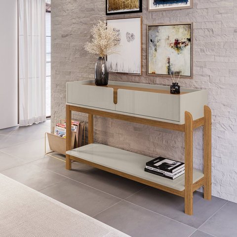 Aparador para Sala de Estar 2 Gavetas Lizz Bege/Off White/Cedro