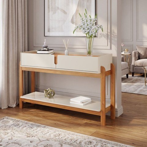 Aparador para Sala de Estar 2 Gavetas Lizz Bege/Off White/Cedro