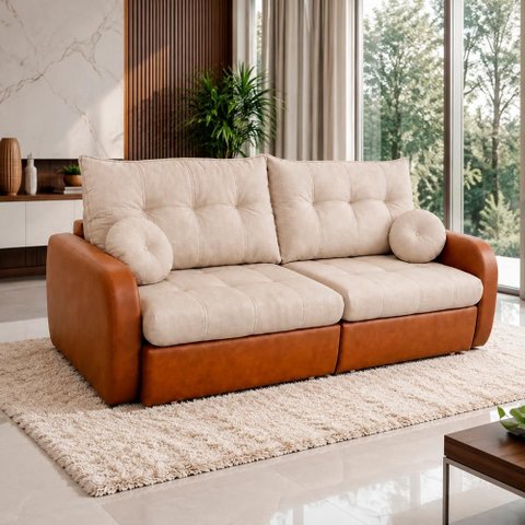 Sofá Cama Retrátil Napoli Bom Pastor Linho Off / Caramelo
