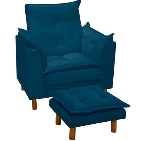 Poltrona de Amamentação com Puff Veludo Azul Marinho - Casa Chick