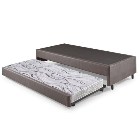 Bicama Box Solteiro Courino Linho Marrom 88x188x28 Cm com Colchão Auxiliar Ecoflex