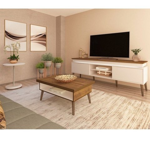 Conjunto Sala de Estar Rack para TV até 75 pol com LED e Mesa de Centro Lucca com Mesa de Apoio Chic Branco