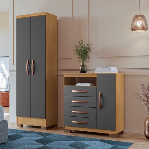 Kit Cômoda Sapateira 1 Porta 4 Gavetas e Multiuso 2 Portas Porto Belo Carvalho Grafite