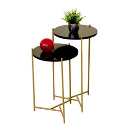 Mesa de Canto Moderna Sala Estar Pé de Ferro Dourada:tampos Pretos Ferragens Dourada - 1