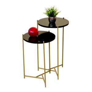 Mesa de Canto Moderna Sala Estar Pé de Ferro Dourada:tampos Pretos Ferragens Dourada