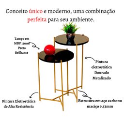 Mesa de Canto Moderna Sala Estar Pé de Ferro Dourada:tampos Pretos Ferragens Dourada - 3