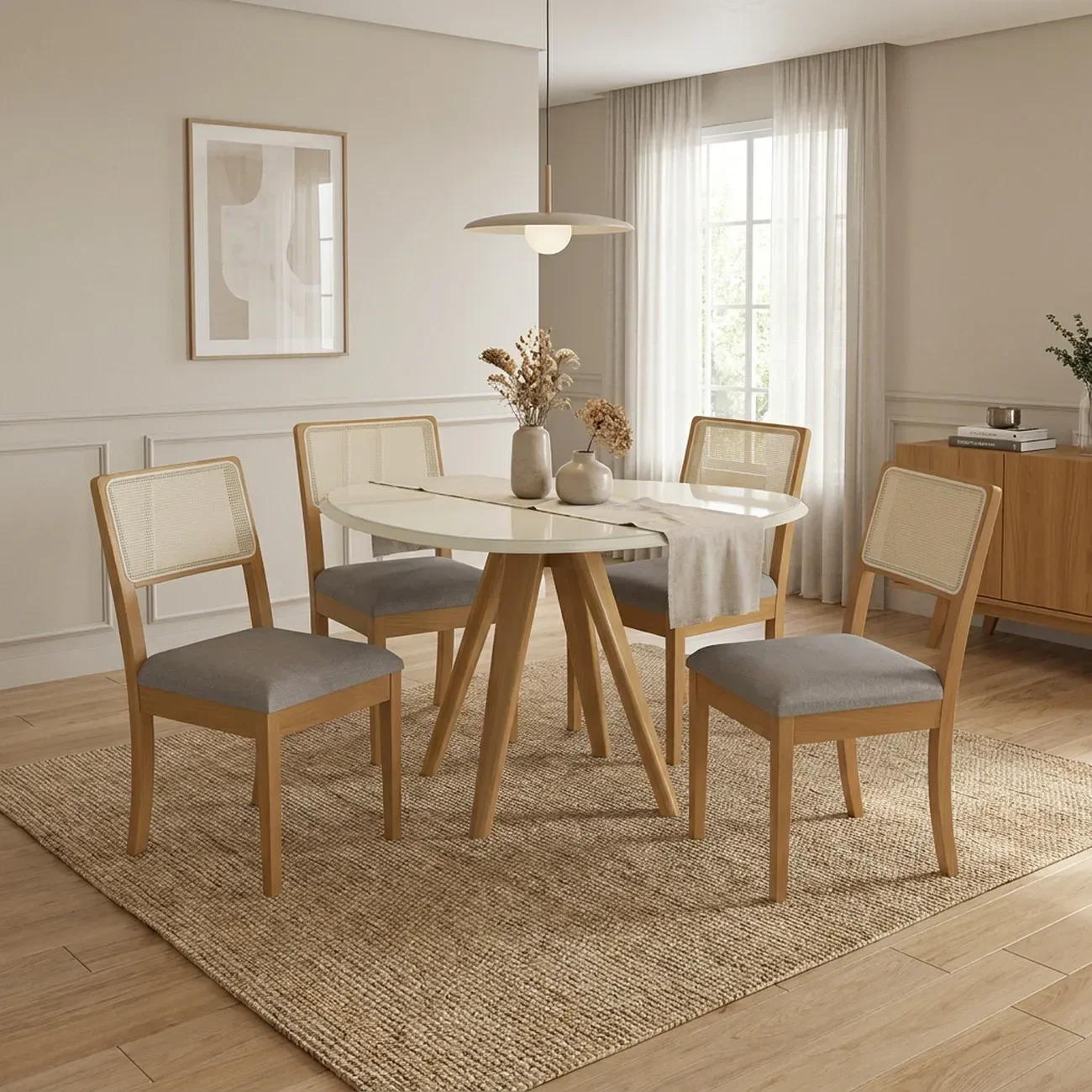 Conjunto Mesa de Jantar Orgânica Duna e 4 Cadeiras Lola em Madeira Maciça com Vidro Off White/Cinza