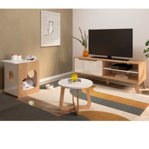 Conjunto Sala de Estar Rack para TV até 47 pol Lotus com Mesa de Centro e Mesa de Apoio para Pet Marrom