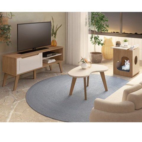Conjunto Sala de Estar Rack para TV até 47 pol Lotus com Mesa de Centro e Mesa de Apoio para Pet Marrom