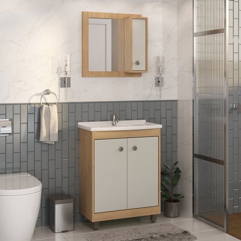 Armário Conjunto de Banheiro com Gabinete, Cuba e Espelheira 3 Portas 60 cm