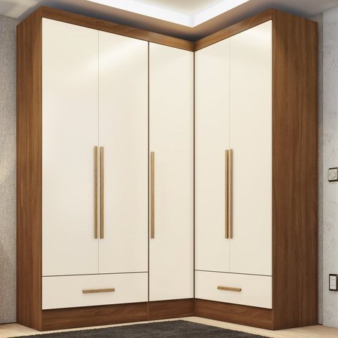 Quarto Modulado de Canto 100% MDF 3 Peças 5 Portas 2 Gavetas Smart Plus Espresso Móveis Off White/Cinamomo