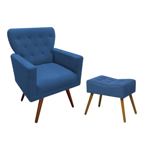 Kit Poltrona Decorativa Aurora + 1 Puff Retangular Suede Azul Marinho Pés Madeira Mz Decor