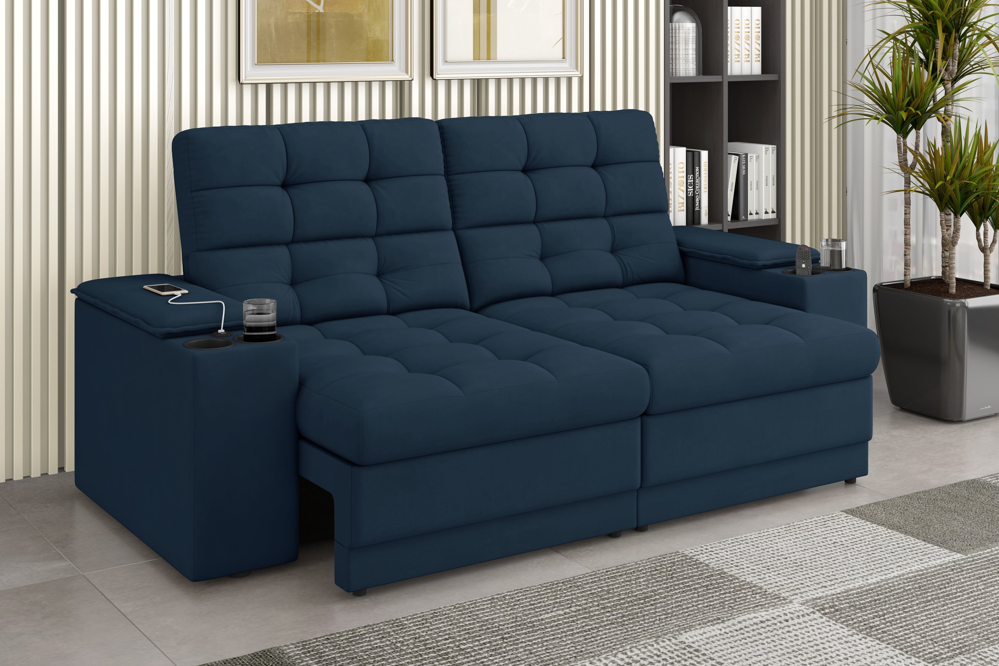 Sofá Confort Premium 2,05m Assento Retrátil/reclinável Porta Copos e Usb Suede Petróleo - Xflex