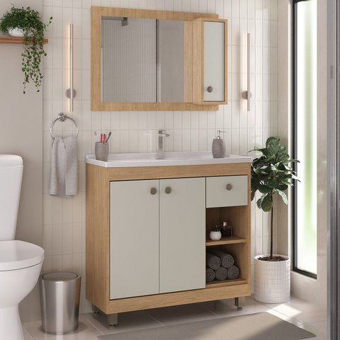 Armário Conjunto de Banheiro com Gabinete, Cuba e Espelheira 3 Portas 80 cm