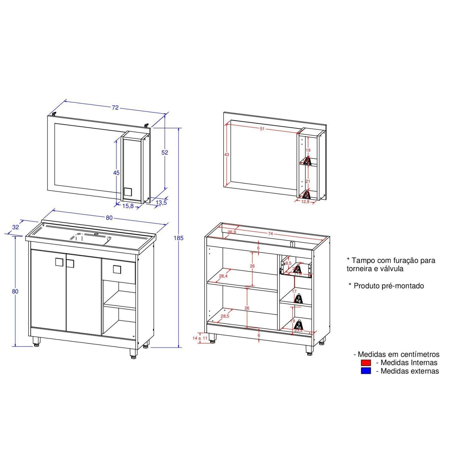 Conjunto para Banheiro Armário 3 Portas 1 Gaveta Espelheira C00d825 - 3