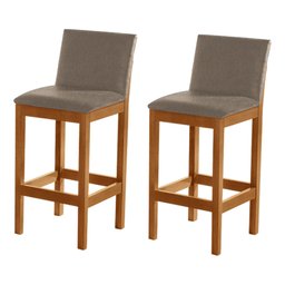 Kit 2 Banquetas Estofada Pérola Linho Bege Madeira Maciça - 1