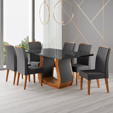 Conjunto Sala de Jantar Mesa 160x80cm Tampo com Vidro 6 Cadeiras Inspirare Yescasa Cinza/Mel