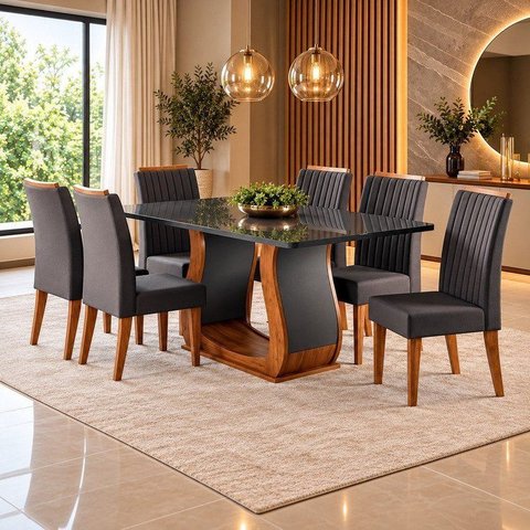 Conjunto Sala de Jantar Mesa 160x80cm Tampo com Vidro 6 Cadeiras Inspirare Yescasa Cinza/Mel