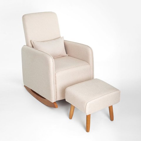 Poltrona de Amamentação Helena Balanço com Almofada + Puff Linho Bege Cod 2501 - Lahome Decor