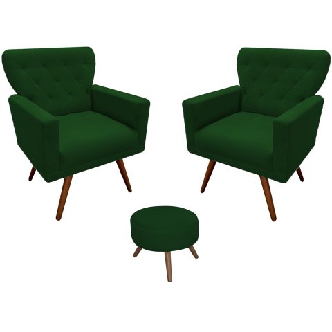 Kit 2 Poltronas Decorativa Aurora + 1 Puff Redondo Suede Verde Pés Madeira Mz Decor