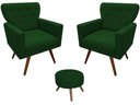 Ver imagem 1 de Kit 2 Poltronas Decorativa Aurora + 1 Puff Redondo Suede Verde Pés Madeira Mz Decor