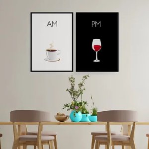 Kit 2 Quadros Decorativos Café E Vinho 24x18cm:Madeira branca