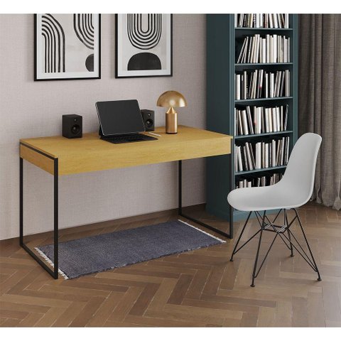 Escrivaninha Industrial Escritório Malta Canela 137X53Cm Com 1 Cadeira Branca Base Ferr Cor: Canela