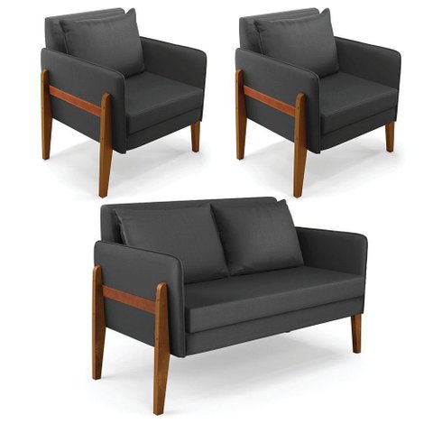 Kit 1 Sofá Namoradeira e 2 Poltronas Lana Corino Preto Base de Madeira - D’Rossi