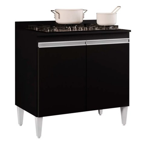 Balcão para Cooktop de Cozinha com Tampo 2 Portas Brenda Preto 80 cm - D’Rossi