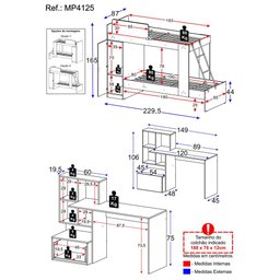Conjunto Quarto Beliche com Escrivaninha Multimóveis MP4125 Branco/Rustic - 3
