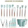 Jogo de Cozinha 19 Utensílios de Silicone e Madeira com Tábua de Corte Porta Talher Oval Verde - 4
