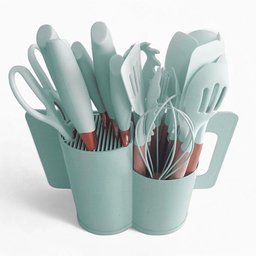 Jogo de Cozinha 19 Utensílios de Silicone e Madeira com Tábua de Corte Porta Talher Oval Verde - 1