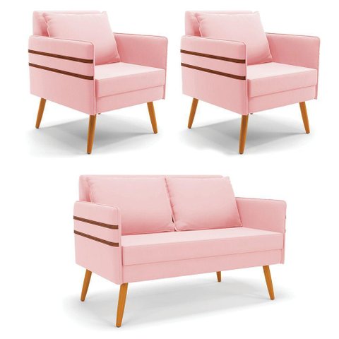 Kit 01 Namoradeira e 02 Poltronas Suede Castanho Rosa Bebê