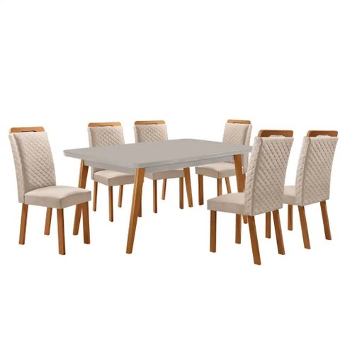 Mesa de Jantar Copper 180cm Madeira Tampo Vidro Canto Copo com 6 Cadeiras Lorena Moderna Mobília
