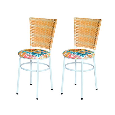 2 Cadeiras para Mesa Branca Hawai Palha Assento Floral:happy Hour
