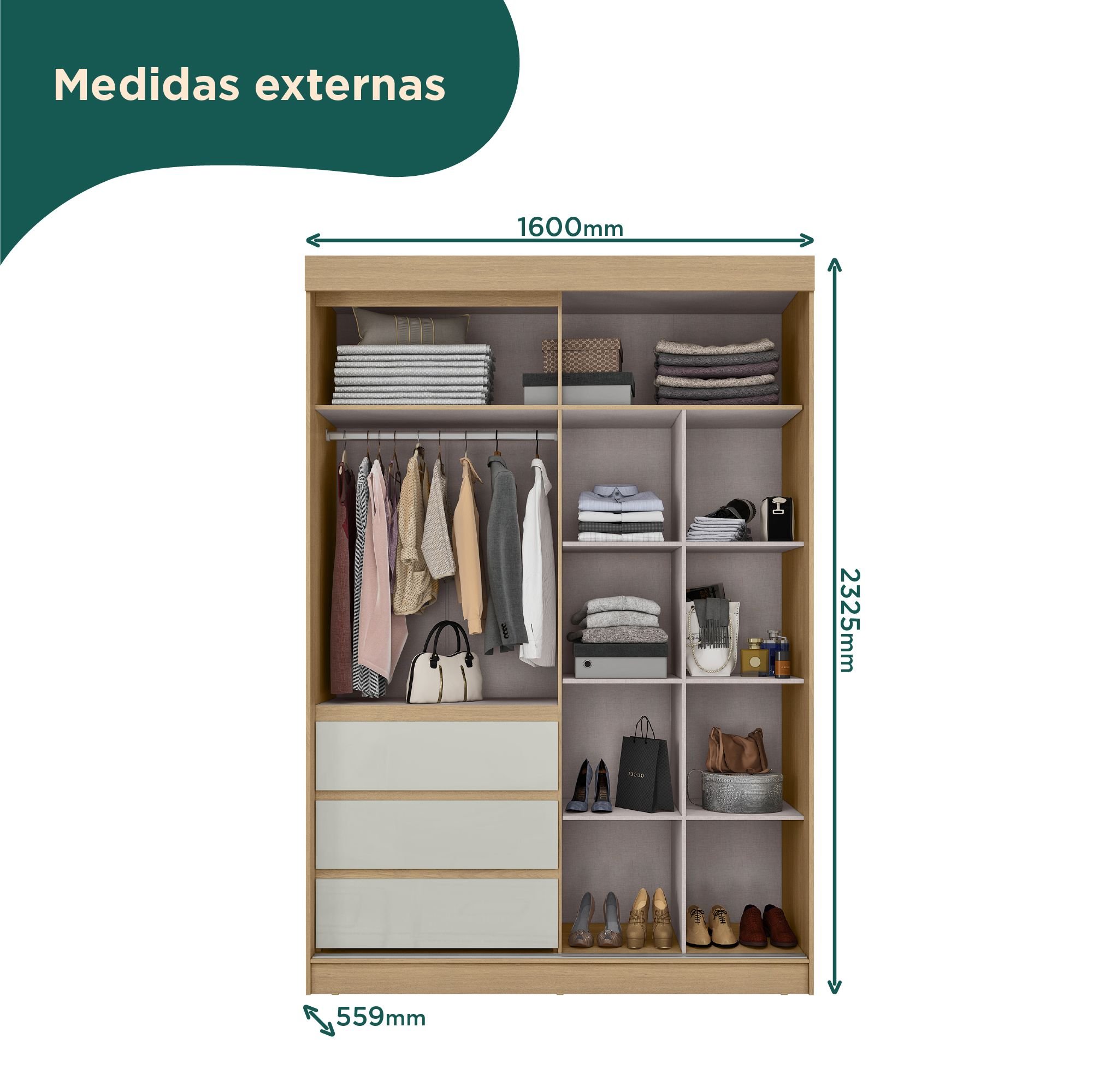 Guarda-roupa Casal Bagda 3 Portas 3 Gavetas com Espelho - 9