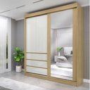 Ver imagem 1 de Guarda-Roupa Casal Bagda 100% MDF 3 Portas 3 Gavetas com Espelho Bege/Castanho/Off White