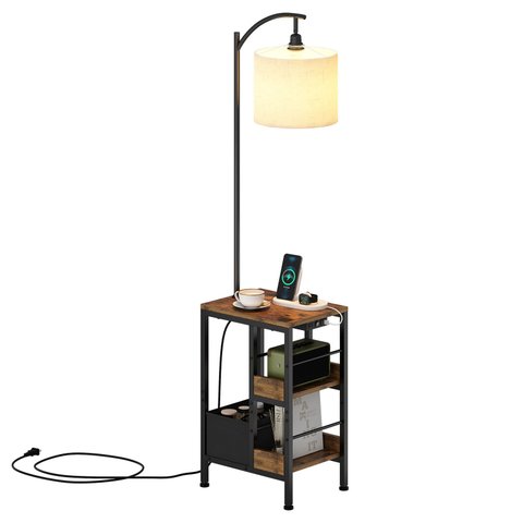 Luminária de Chão com Mesa Lateral, Usb e Tomada, Estilo Industrial