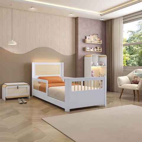 Cama Infantil Montessoriana Reversível LED Rattan e Grade de Proteção Wave Casatema MadeiraOriginals Branco/Marrom