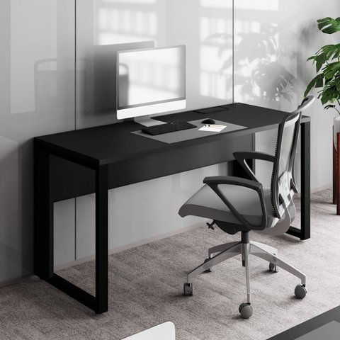 Mesa Plataforma Individual com Caixa de Tomadas Pés Metal 120cm Industrial Executive Preto