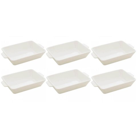 Kit 6 Refratários 23,5x15x5cm Travessa Porcelana Branca com Alça Funda Lyor Basic