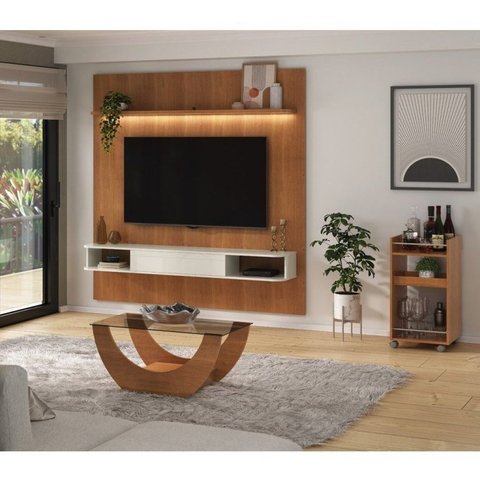 Conjunto Sala de Estar Painel para TV até 75 pol Atenas com Mesa de Centro Onda e Carrinho Bar Brito Marrom 100% MDF