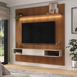 Conjunto Sala de Estar Painel para Tv até 75 Pol Atenas com Mesa de Centro Onda e Carrinho Bar Brito - 2