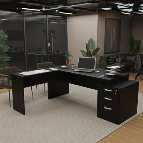 Escrivaninha Mesa Escritório em L Diretor 3 Gavetas 190cm Preto