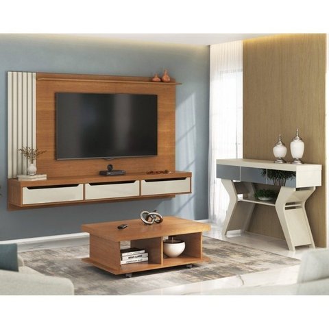 Conjunto Sala de Estar Painel para TV até 75 pol com Mesa de Centro Dunas e Aparador com Espelho Marrom