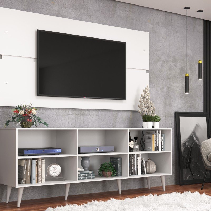 Rack Estante Retrô C/ Painel Branco P/ TV Até 55 Polegadas